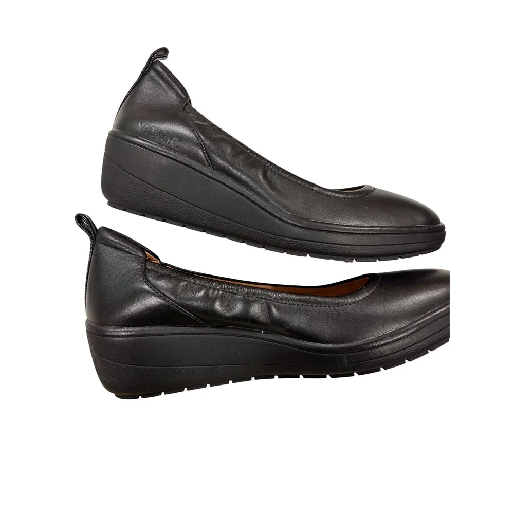 Vionic Jacey Black Leather Wedge‎ Loafer Womens 6 Wide Slip On Comfort Shoes